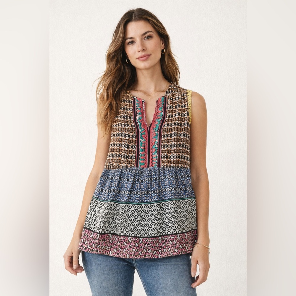 Ranna Gill Boho Embroidered Sleeveless Tunic Top Small